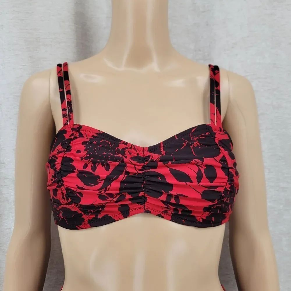 Jantzen Vintage 90s Red and Black Floral Bikini Set Swimsuit Ruched - Picture 3 of 16